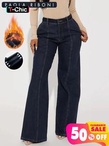 women's plain pocket elastic waist wide leg denim jeans, casual pants comfy button & zipper fly elastic waist trousers for daily wear, women jeans, ladies bottoms for all seasons, womenswear