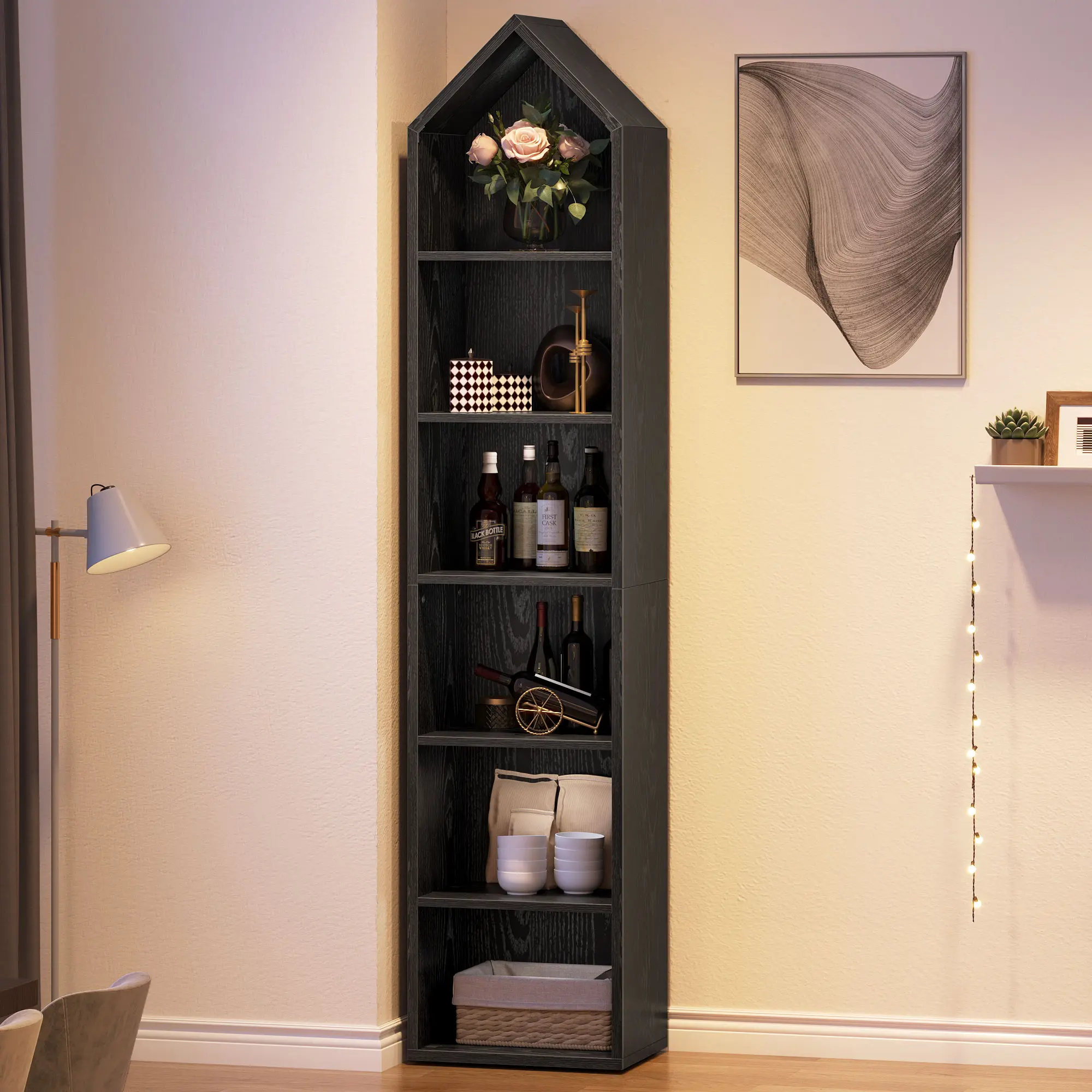 YITAHOME 73" Tall Narrow Engineered Wood 5-Tier Modern Open Bookshelf - Water-Resistant MDF, Triangular Top, Foot Pads, Anti-Tipping, Plant Stand, Storage/Vertical Shelf Living Room Furniture, Space-Saving Home Office Setup-Required Stand