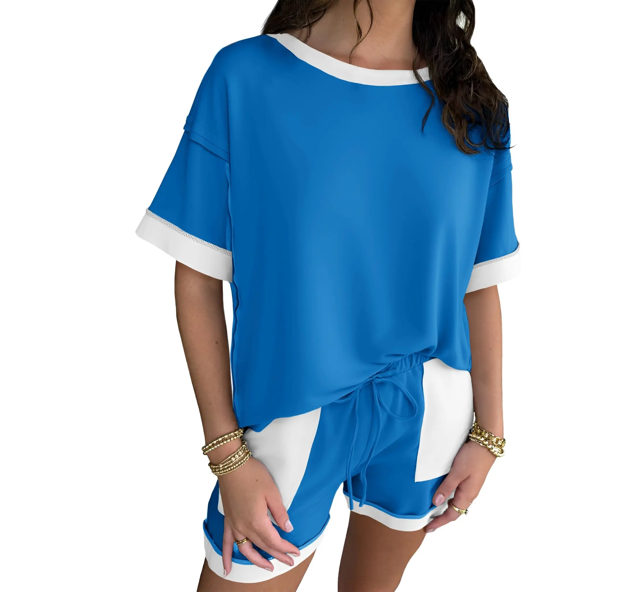 FISOEW Trending Women's 2-Piece Sportswear Set - Loose Breathable Sweatshirt, High-Waisted Shorts, Color-Blocking Casual Lounge Set for 2026 Spring Autumn Workout & Loungewear, Outfits, Two Piece Sets