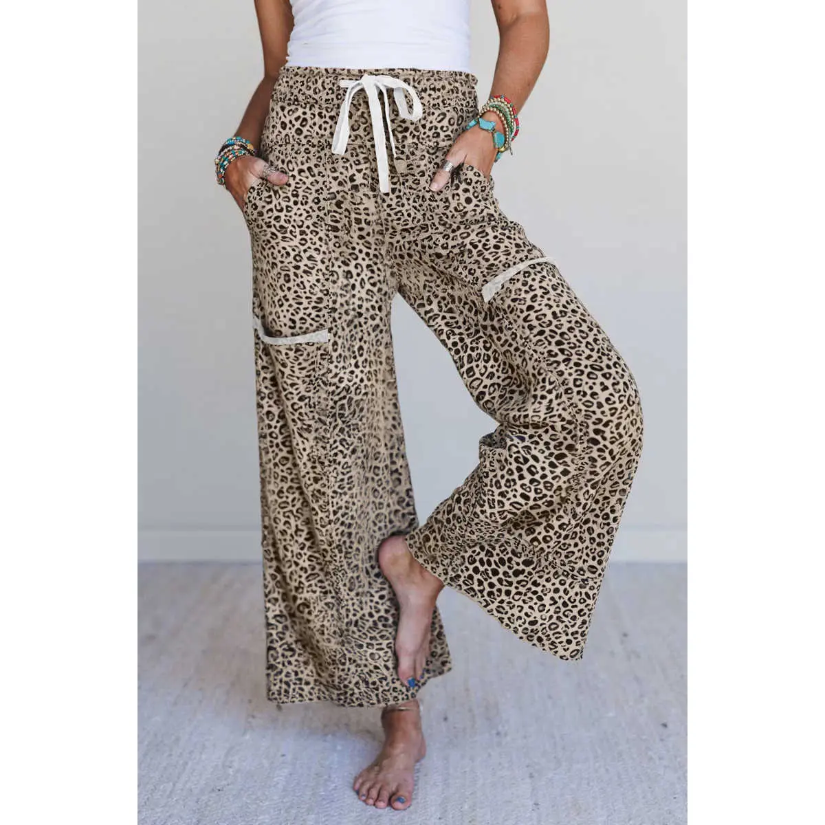 Women's Khaki Animal Print Wide-Leg Terry Knit Pants - Leopard, Cheetah Pattern, Comfy Casual Fashion Bottoms for Everyday Wear, Leopard Pants, Comfy Pants Womenswear Soft