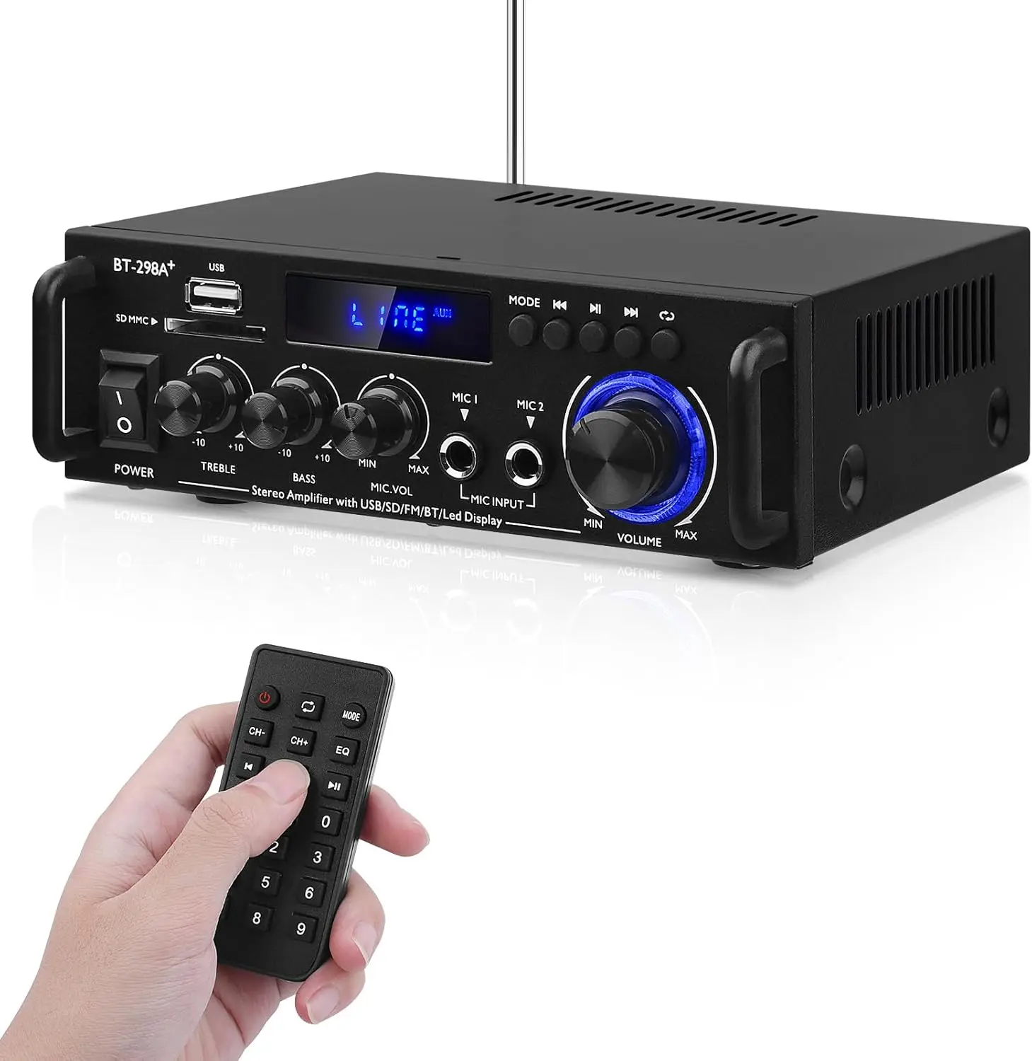 Digital Aluminium Bluetooth 5.0 Stereo Audio Amplifier (BT-298A+) - 2-Channel 40W x 2 Receiver with Button Control, FM Radio, USB, SD Card Connection for Home Theater, Tower, Bookshelf Speakers, Mobile Device, Computer Game Audio Systems