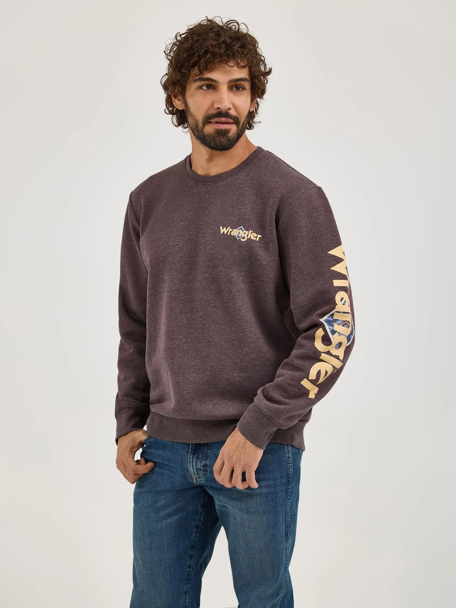 Wrangler Mens Crew Fleece Sweater w/ Bull Design - Chocolate