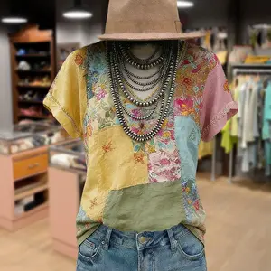 Cherrybetty 100% Cotton Retro Mixed Floral Print V-Neck T-Shirt Tiktok Shop Spring Glow Up Summer Spring Fashion Going Out Tops Comfort Elegant Outfits