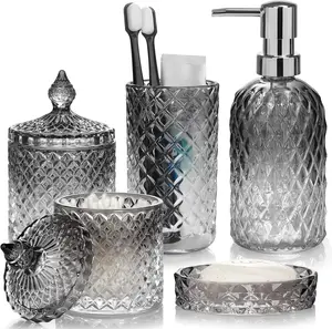 Bathroom Accessories Set, 5Pcs Gradient Glass Bath Accessory Sets Complete, Glass Bathroom Accessories with Soap Dispenser, Soap Dish, Toothbrush Holder, Qtip Holder