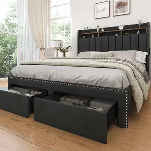 SIBEDS Queen LED Bed Frame with Storage Drawers Modern Platform Bed with 2-Tier Linen Upholstered Wingback Headboard Channel Tufted Rivet Detail No Box Spring Needed
