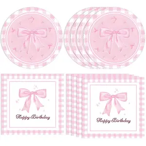 40pcs Pink Bow Party Supplies Bow Birthday Party Plates and Napkins Pink Bow Party Decorations for Girls Bachelorette Party Bride Engagement Decoration Baby Shower Coquette Cute Supplies