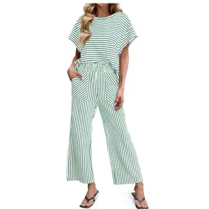 2026 new style striped two-piece set women's short-sleeved wide-leg pants set summer casual fashion cross-border women's clothing