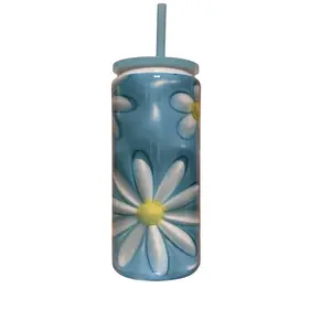 Blue Daisy Beer Can Stainless Steel – 20 oz Floral Aesthetic Tumbler with Lid & Straw