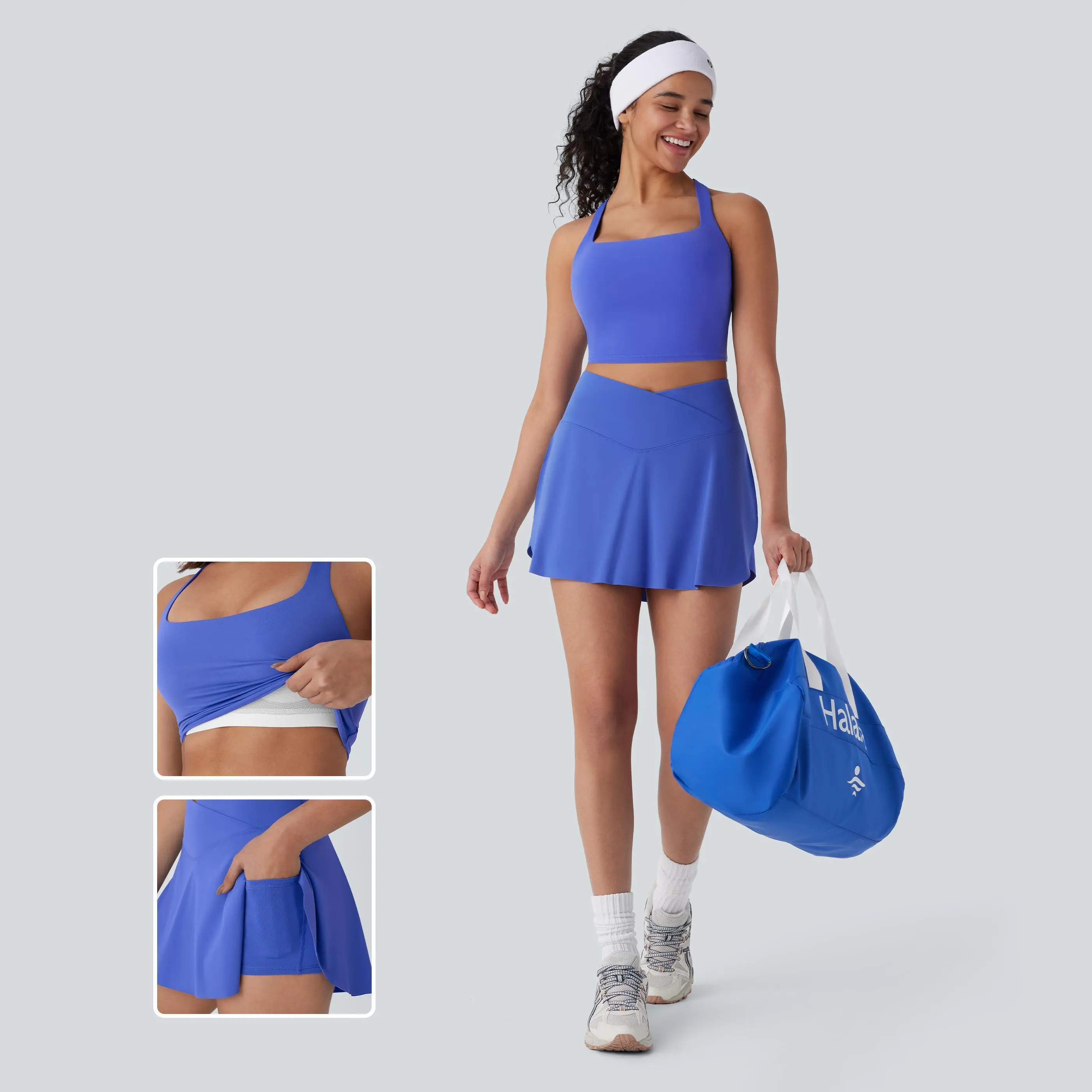 Halara 2-Piece Set Softlyzero Airy Square Neck Backless Crisscross Cropped InstantCool Yoga Tank Top & Everyday SoftlyZero Airy Crossover 2-in-1 Side Pocket Mini Tennis Skirt-Lucid-UPF50+