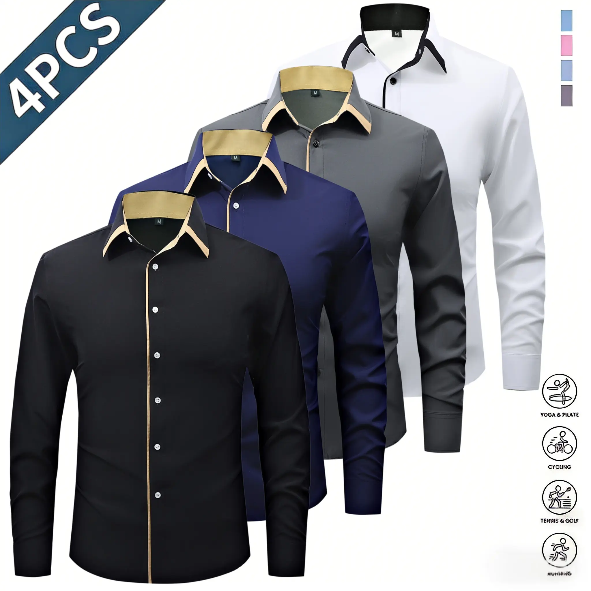 Four-piece men’s long-sleeve shirts with contrast piping, featuring a pure black primary color that exudes stability and sophistication. Classic pointed collars offer a sharp, well-structured look, while gold piping adds delicate details. Long sleeves are