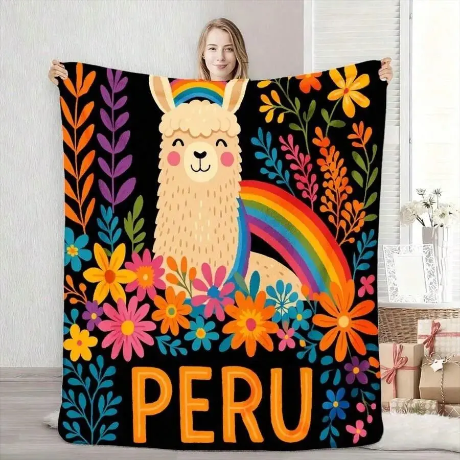 Peruvian Llama Rainbow Floral Soft Fleece Throw Blanket, Alpaca Pattern Home Decor Gift for Travel Lovers