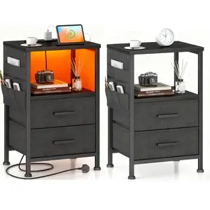 【Black Friday】Mr IRONSTONE Night Stand Set 2, Night Stand with Charging Station, LED Nightstand with U-S-B Ports and Outlets, 2 Fabric Storage Drawers with PU Finish, Small Bedside Table, Black