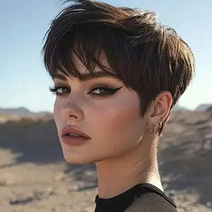 New Fashion 6 Inch Brazilian Human Hair Wig - 180% Density Glueless Pixie Bob with Bangs, Brown # 2 Natural Straight Remy Hair, Rose Net Cap, Ready to Wear for Unisex, Quick Hair Change, Stylish Everyday Hairstyle, Wig Accessories, Unisex Hairpiece, Sleek