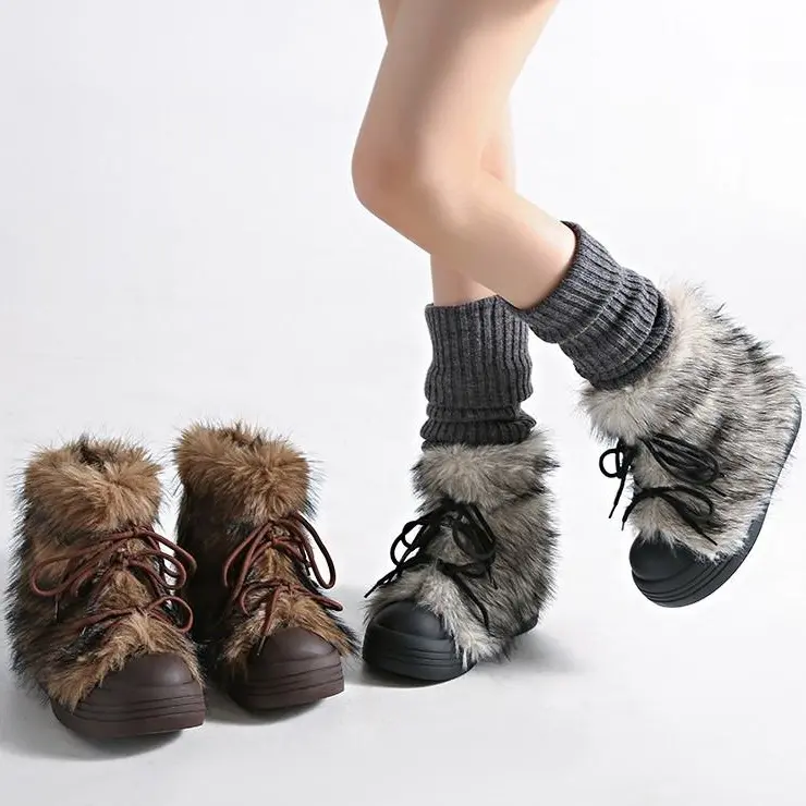 Women's Vintage Fluffy Platform Ankle Boots - Western-Style Lace-Up Female Shoes with Anti-Slip Thick Rubber Sole, Plain Casual Outdoor Daily Winter Snow Fashion Footwear
