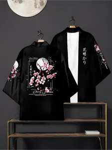Men's black cherry blossom kimono cardigan menswear with 3/4 sleeves, front opening, floral print, casual style, machine washable, fashionable long robe for spring, summer, autumn and winter Clothes