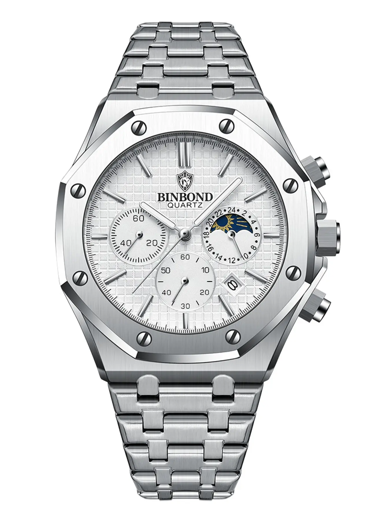 BINBOND BO161 Men's Modern Waterproof Watch, Luminous Stainless-Steel Casual Watch with Date Calendar, Versatile Gift-Boxed Timepiece, Quartz Analog Wristwatch, Quartz Wristwatches