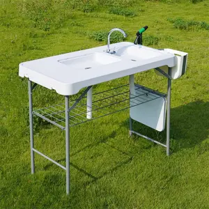 Portable Folding Fish Cleaning Table, Heavy Duty Outdoor Fillet Station with Built-In Washbasin, Collapsible Faucet, Sprayer, Drainage Hose, Storage Box and Knife Slots, Ideal for Patio, Lawn and Garden