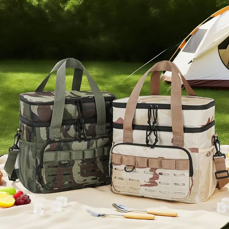 Vintage Camo Dual Layer Insulated Cooler Bag, Waterproof Large Capacity Insulated Lunch Bags, Portable Leakproof Thermal Tote Bag, Outdoor Picnic Camping Travel Refrigerated Storage Bag, Soft Sided Camping Coolers, Ice Retention Cooler