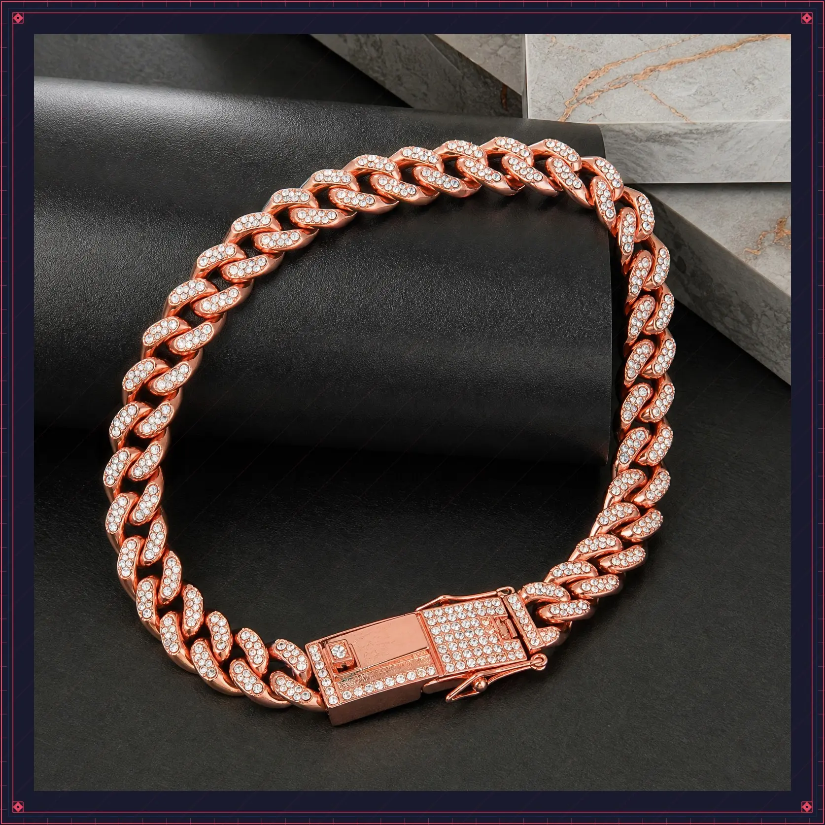 PetFusion Rose Gold Zinc Alloy Diamond Link Dog Collar - 12mm Wide, 8in Long, Skin-Safe Durable Crystal-Embedded Jewelry Accessory for Small-Medium Pets, Ideal for Traveling, Walking, Celebrations, All Seasons