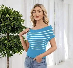 Women's Off Shoulder Striped Knit Top, Button Accent Fitted Summer Tee, Casual Breathable Short Sleeve Blouse for Daily Wear, Vacation & Music Festival Blue