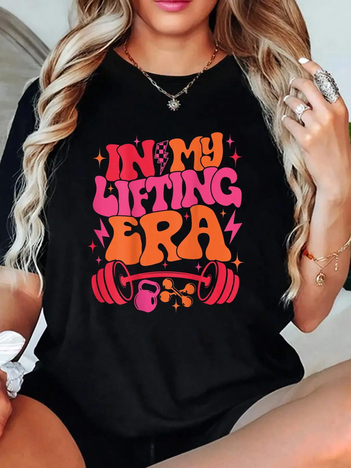 Women's "In My Lifting Era" Groovy Gym Weight Personal Trainer Back Graphic T-Shirt - Short, Casual, Loose Style Top, Lady, Streetwear, Cotton, Round Neck, Graphic Print, All Seasons, Cold Wash, Loose Fit, Short Sleeves