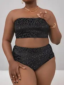 【Plus Size】Two-Piece Set Leopard Print Bikini Set, Casual Strapless Swim Top & High Waist Swim Bottom, Women's Two-piece Swimsuit for Summer Beach Holiday Vacation