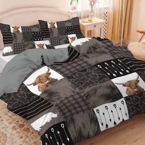 3PCS Highland Cow Abstract Geometric Pattern Duvet Cover Set, Includes 1 Duvet Cover & 2 Pillowcases, Soft Comfortable Bedroom Bedding Set, No Filling, Suitable for Bedrooms, Hotels, School Dormitories, Perfect Gift for Highland Cow Lovers