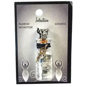 Rainbow Moonstone Chips in Bottle with Goddess necklace