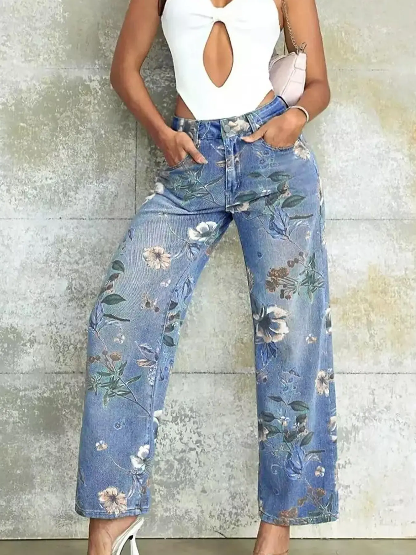 Women's Casual Elegant Floral Straight Leg Jeans Pants, Fitted Denim Jeans for All Seasons, Stylish Ladies' Fashion Clothing, Denim Trousers