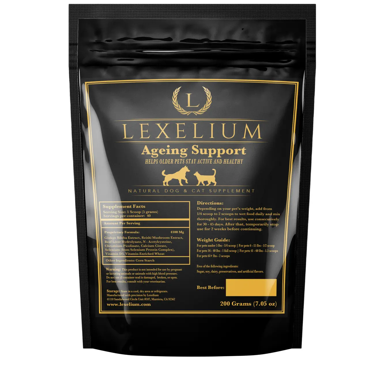 Lexelium Ageing Support Pet Supplement Powder for Senior Dogs & Cats with Ginkgo Biloba Reishi Mushroom Vitamin D3 Calcium Daily Wellness Formula