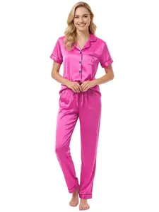 Women's Satin Sleepwear Set Spring Summer Short Sleeve Long Pants Embroidered Bow Two-Piece Home Clothing, Loose Fit Elegant Style
