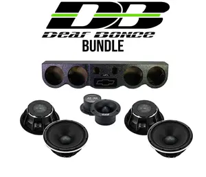 Deaf Bonce 4-Ohm Car Audio Amplifier Sound System Bundle - SS-ROOFPANEL 38" Universal Sound Bar Pod, 4x6.7" AP-M67AN Midrange Speakers, 2x2" AT-32 Tweeters, Classic Black with Chevy Logo
