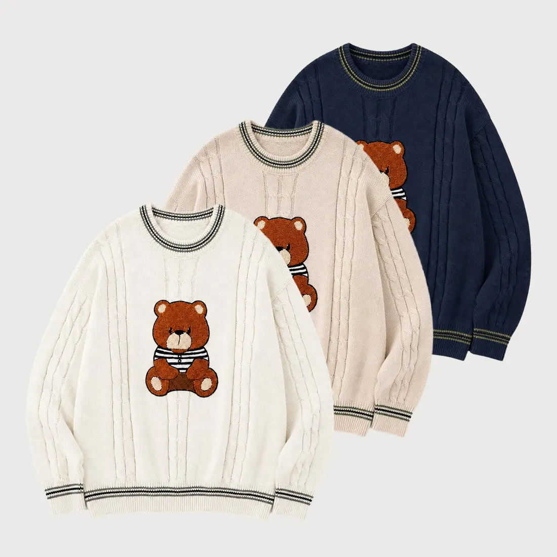 Men's Cable Knit Oversized Pullover Sweater - Menswear Tops, Longsleeves Round Neck, Bear Cartoon Graphic, Soft Relaxed Fit, Vintage Streetwear, Fall-Winter Casual Clothes