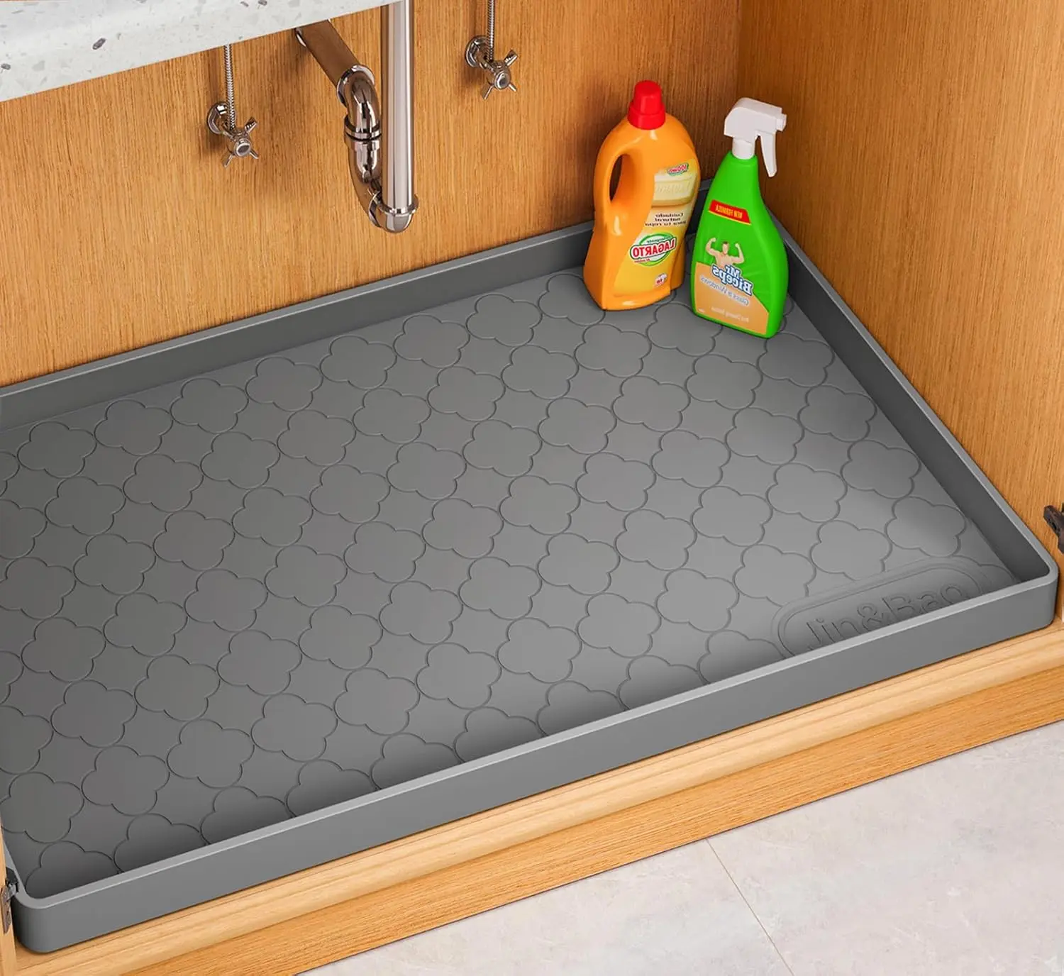 Jin&Bao Waterproof Silicone Under Sink Mat (34in x 22in) - Thick Kitchen Cabinet Protector with 1-Piece Molding Technology, Bathroom Dust Cover, Oil-Resistant Home Organization Tool, Easy-to-Clean Dishwasher-Safe Shelf Liner for Chemical Spill Protection
