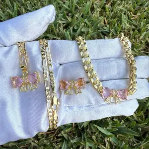 Bow Jewlery Sets Ring Necklace and Bracelet with  Gemstone Accents Gold-Tone Chain Design