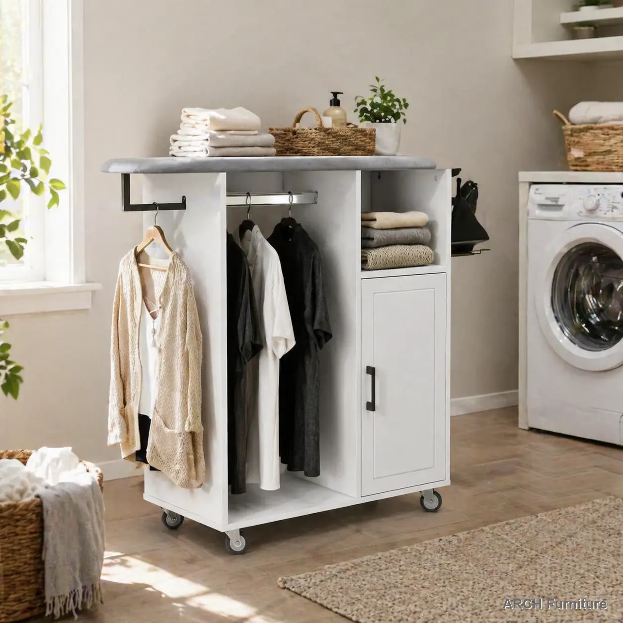 Clean White Universal Single Config ARCH Rolling Ironing Cart with Integrated Ironing Board - Smooth Mobility, Space-Saving Laundry Products Storage Cabinet on Wheels, Compact Utility Station for Bedrooms, Cloakrooms Indoor Cupboard Furniture, Home, Clean