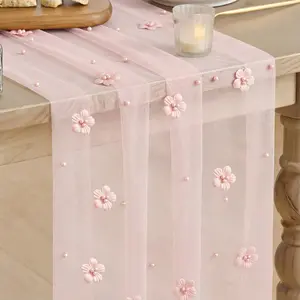 New 3D Pearl Flower Sheer Table Runner, Tulle Mesh Table Flag for Party Decor, Versatile Decor, Ideal for Seasonal Dining, Weddings, Birthdays & Bridal Showers, Perfect for Home Party Decoration, Sheer Tulle Material