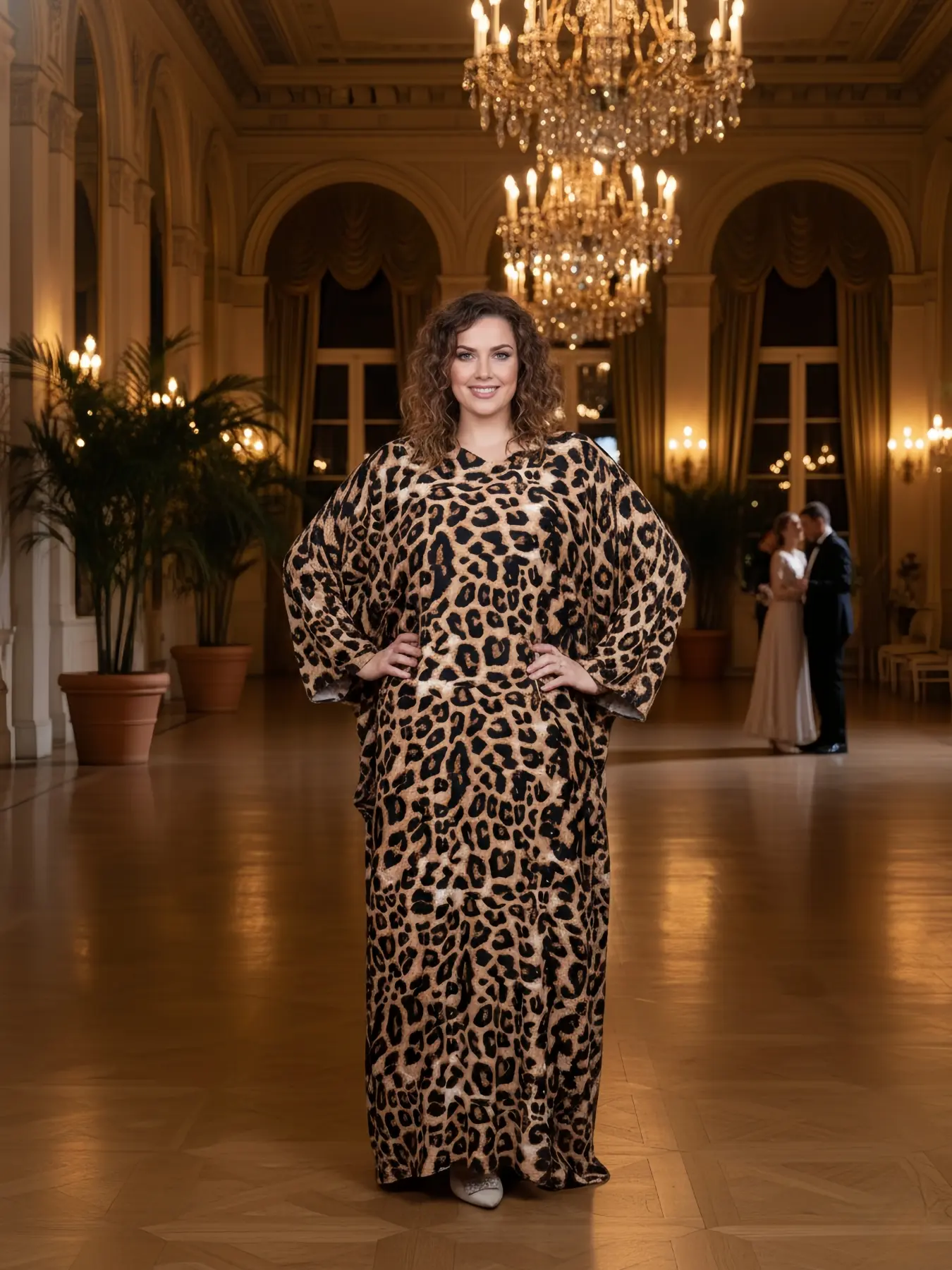 Adjustable inner waist tie Leopard Print Lont sleeve Flowing Abaya Maxi Dress