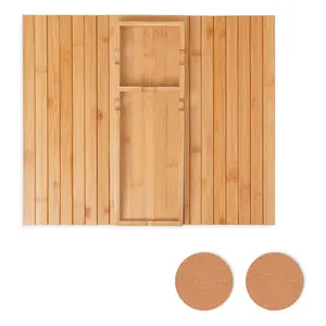 Foldable Couch Cup Holder with 2 Cork Coasters – Detachable Bamboo Sofa Tray, Anti-Slip Sofa Armrest Caddy for Drinks, Laptops– Home & Gift Accessory