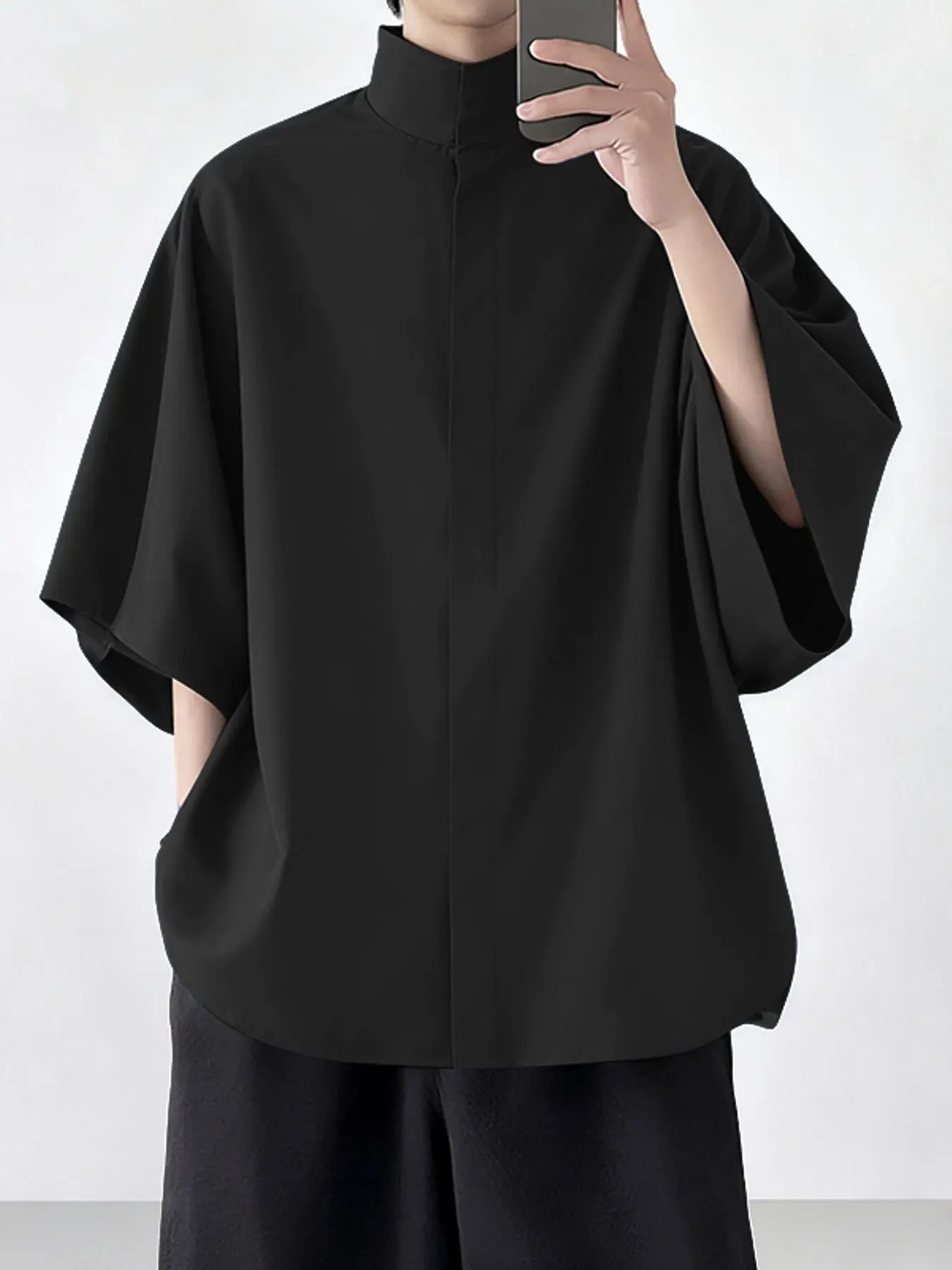 INCERUN Summer Menswear Men Shirt Solid Plain Basic Stand Collar Short Sleeve Men Clothing Loose Baggy Oversized Streetwear Fashion Casual Tops Male Shirts
