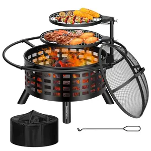 VIVOHOME 36-Inch Fire Pit with 2 Cooking Grill Grates, 2-in-1 Wood Burning Firepits with Spark Scrren & Waterproof Cover, Metal Grill for Backyard Bonfire BBQ Outdoor Camping Picnic