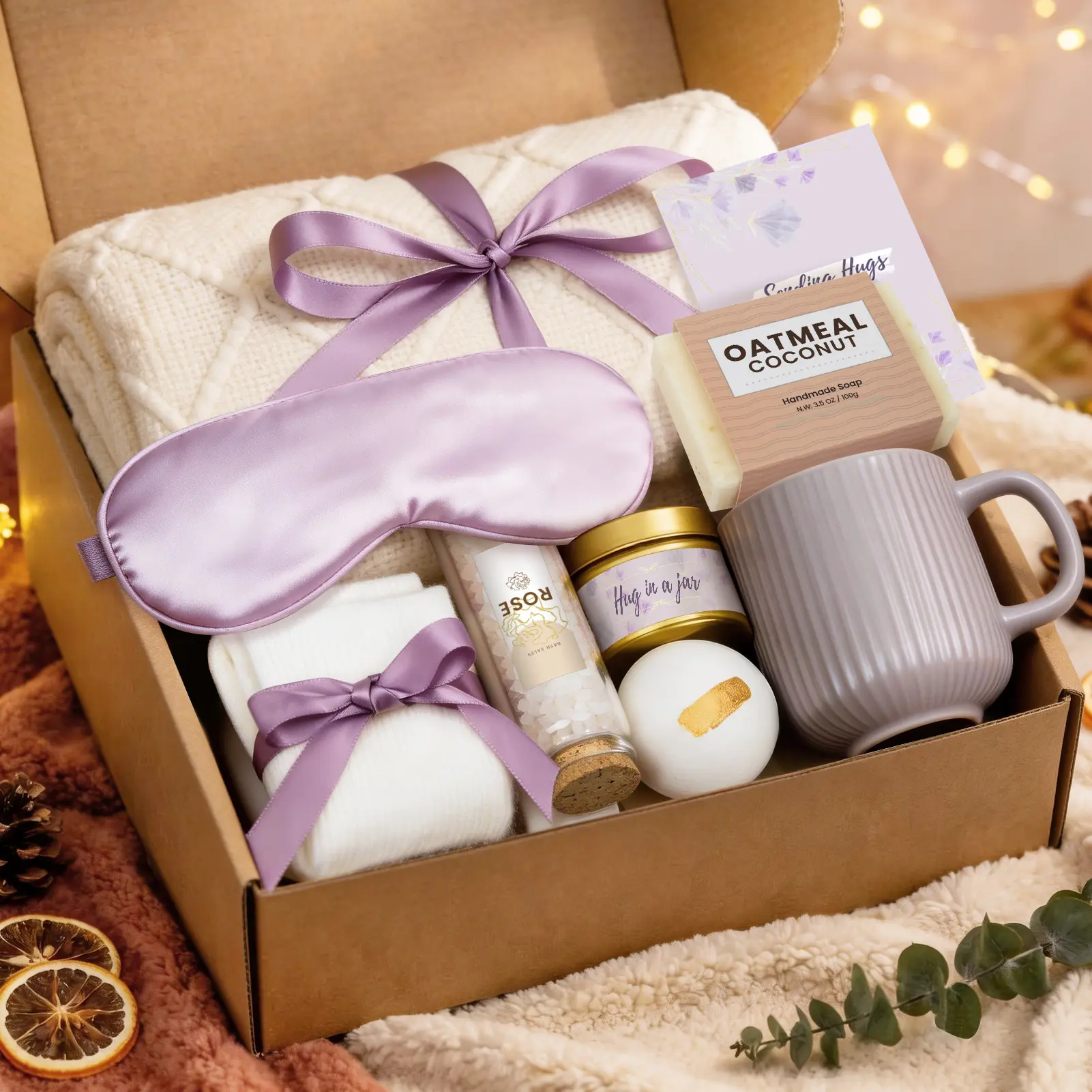 Pure Adult Relaxing Spa Body Care Bundle - 9-Piece Home Supplies Mixed Lots with Flannel Blanket, Mug, All Seasons Female Self-Care Stress Relief Gift for Housewarming, Party