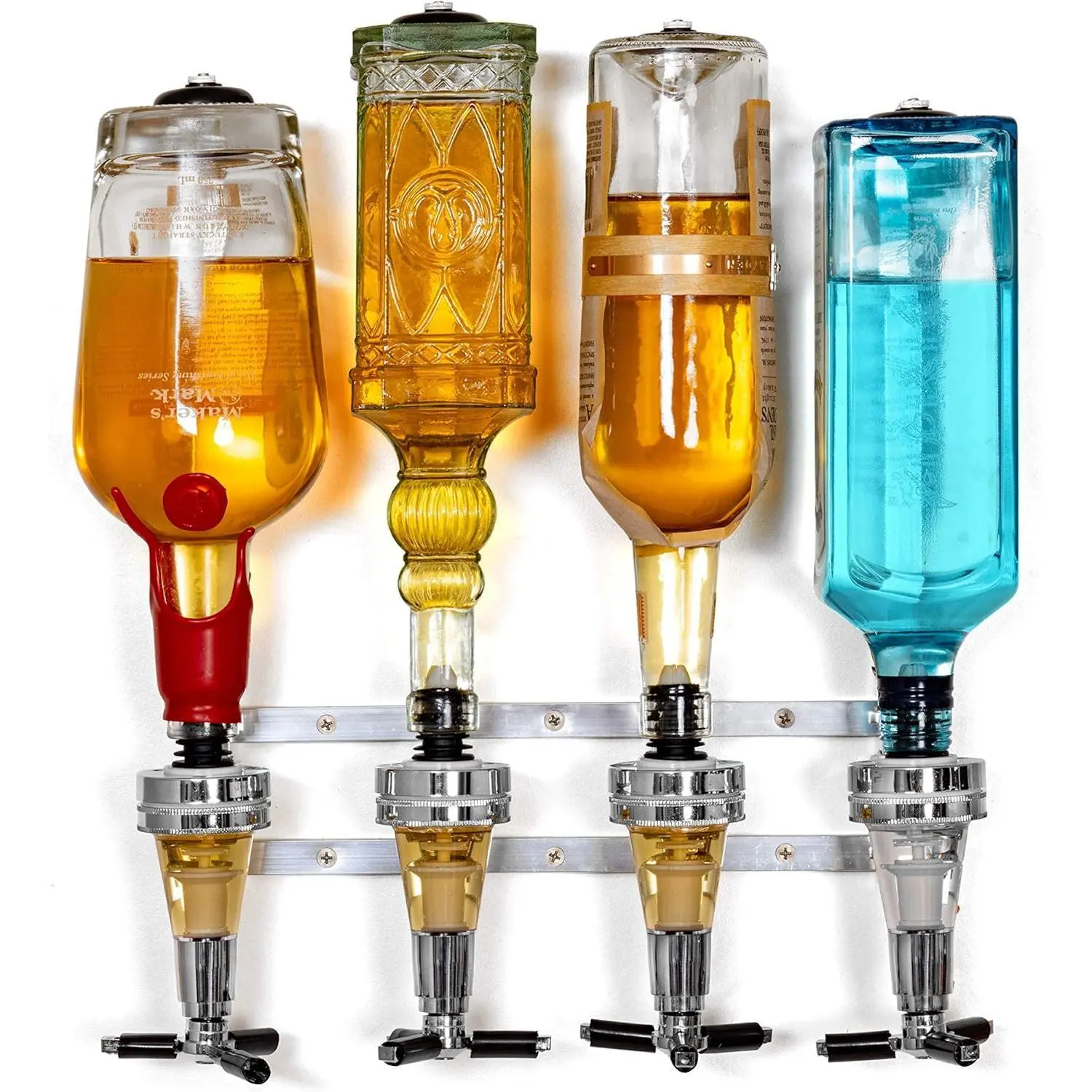 Silver Wall-Mounted Aluminum Alloy Liquor Dispenser - 4-Bottle Capacity, Push-Release Valves, Rubber Suction Cups, 25ml Optics, Transparent Measuring Cup, 39x11x36cm, 900g, Man Cave Home Bar Accessory for New Bartenders, Parties Bars, Holidays, Durable, C