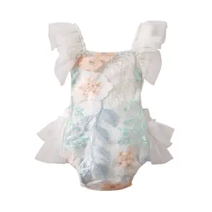 Newborn Infant Baby Girl Onesie Romper Lace Floral Ruffle Tulle Flower Sleeveless Onesie Bodysuit Birthday Outfit Toddler Jumpsuit