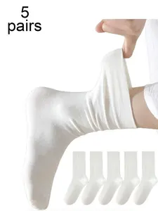 5 pairs of women's white ankle socks with a school style, soft and comfortable socks suitable for daily wear, Soft Comfy Socks