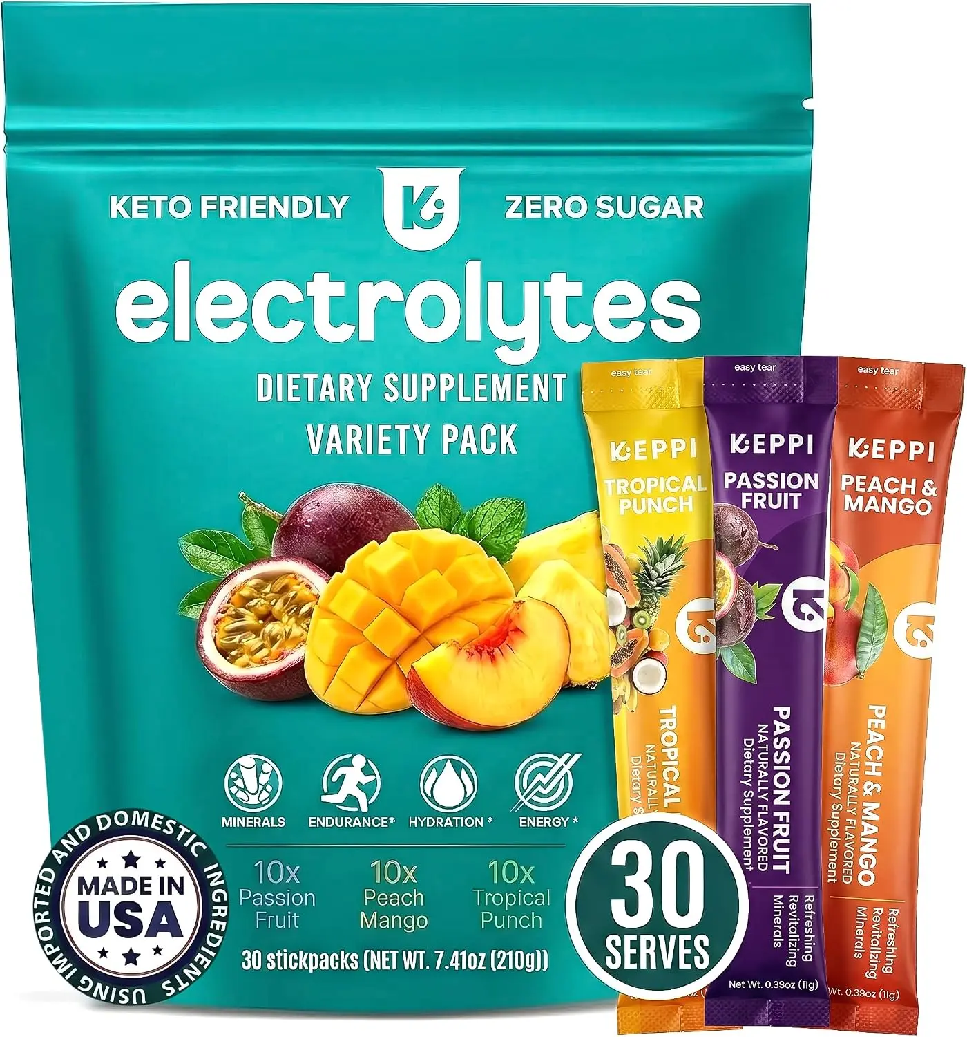 Keppi Electrolytes Powder Packets Tropical Variety 30 Servings – Zero Sugar Hydration Supplement with Potassium, Magnesium, Sodium – Keto, Vegan, Fasting-Friendly, Zero Calorie, Sugar Free