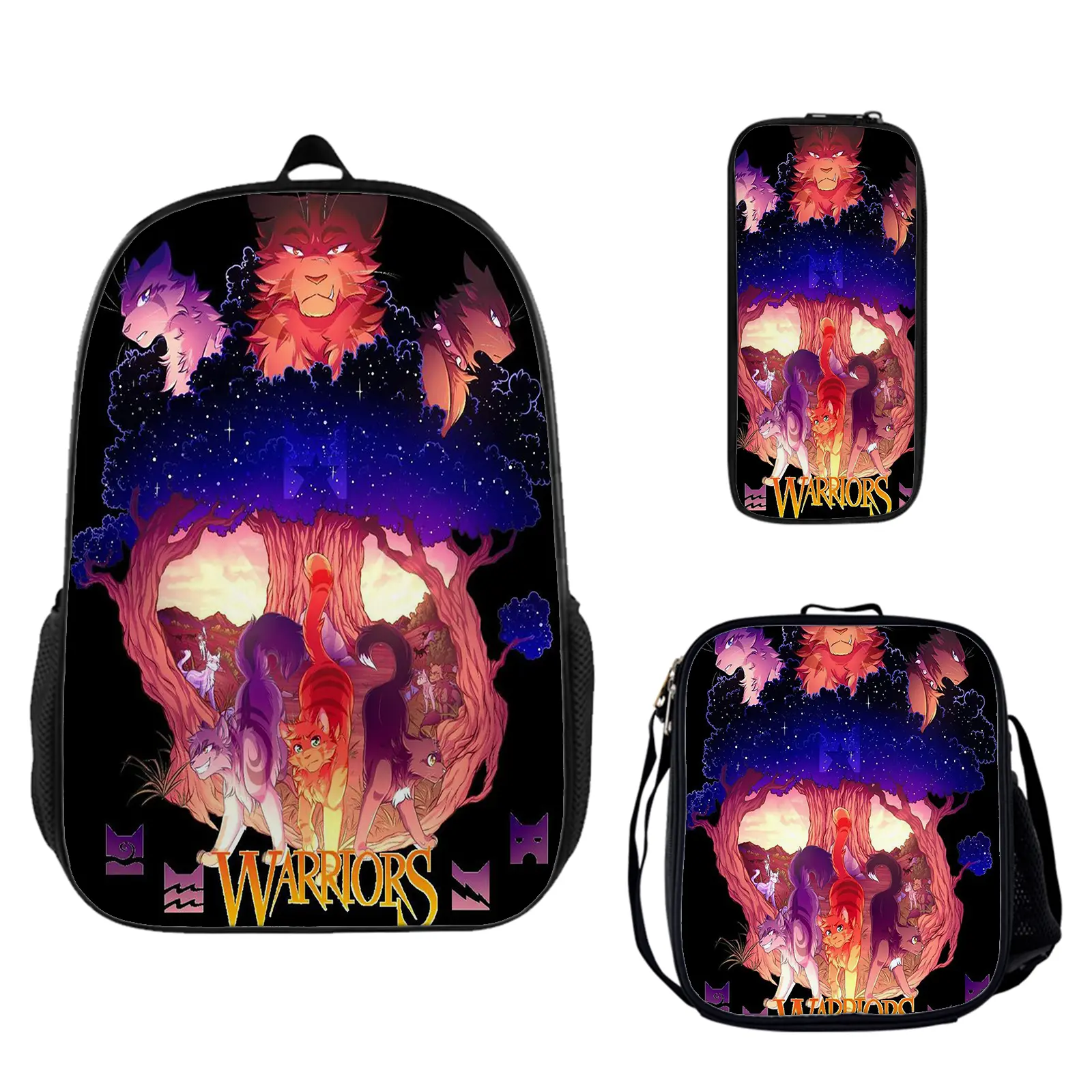Warrior Cats Cartoon Graphic 3-Piece Backpack Set - Large Capacity, Adjustable Padded Straps, High-Definition Prints, Insulated Lunch Box, Pencil Pouch for Teen Fans, School Bookbag, Lightweight Travel Daypack, Holiday/Birthday Gift c-290, One Size