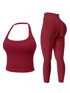 Two-Piece Set Women's Solid Seamless Crop Tank Top & High Waist Leggings Tracksuit Set Gym Sets, Sporty Casual Breathable Comfortable Outfits for Yoga Gym Workout Running, Ladies Sportswear for All Seasons