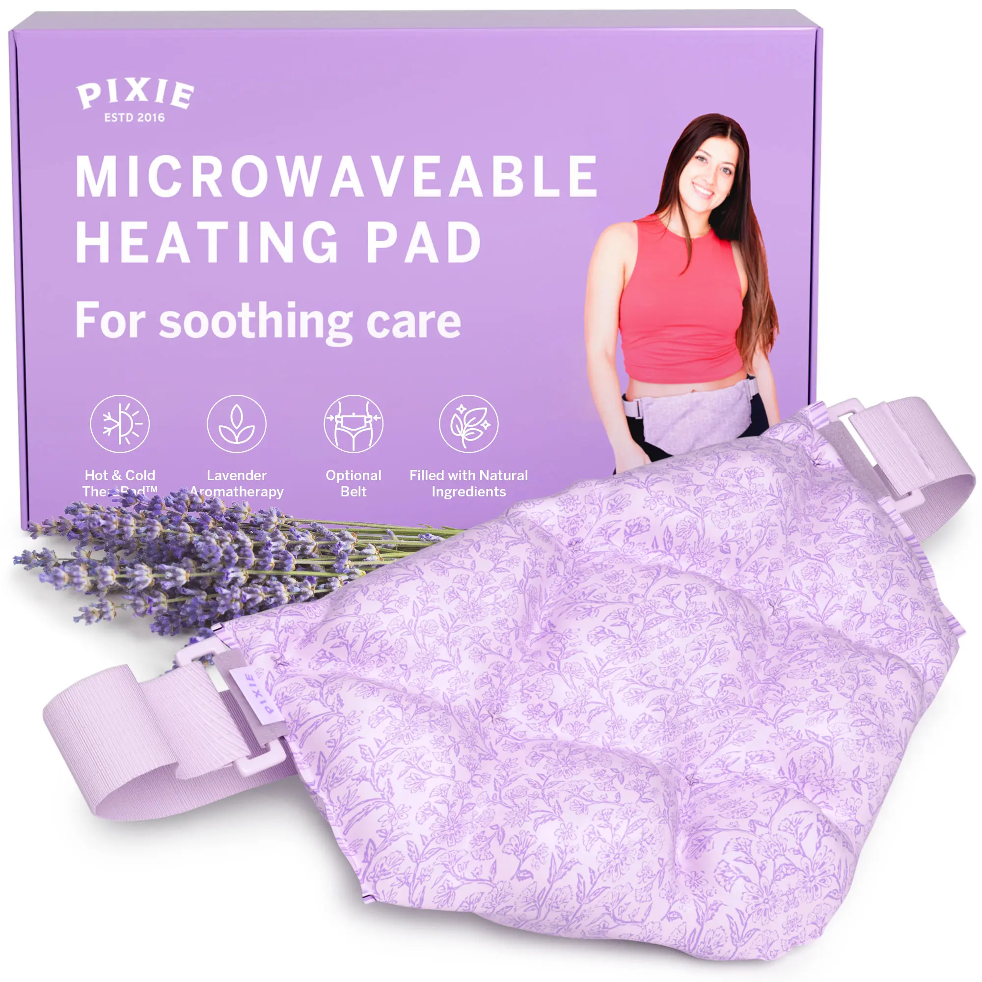 Pixie TheraPad All-Natural Weighted Heating Pad for Period Cramps – Wearable Hot & Cold Microwave Heat Pad with Flaxseed & Lavender for Feminine Care – Reusable for Stress & Back Comfort with Strap