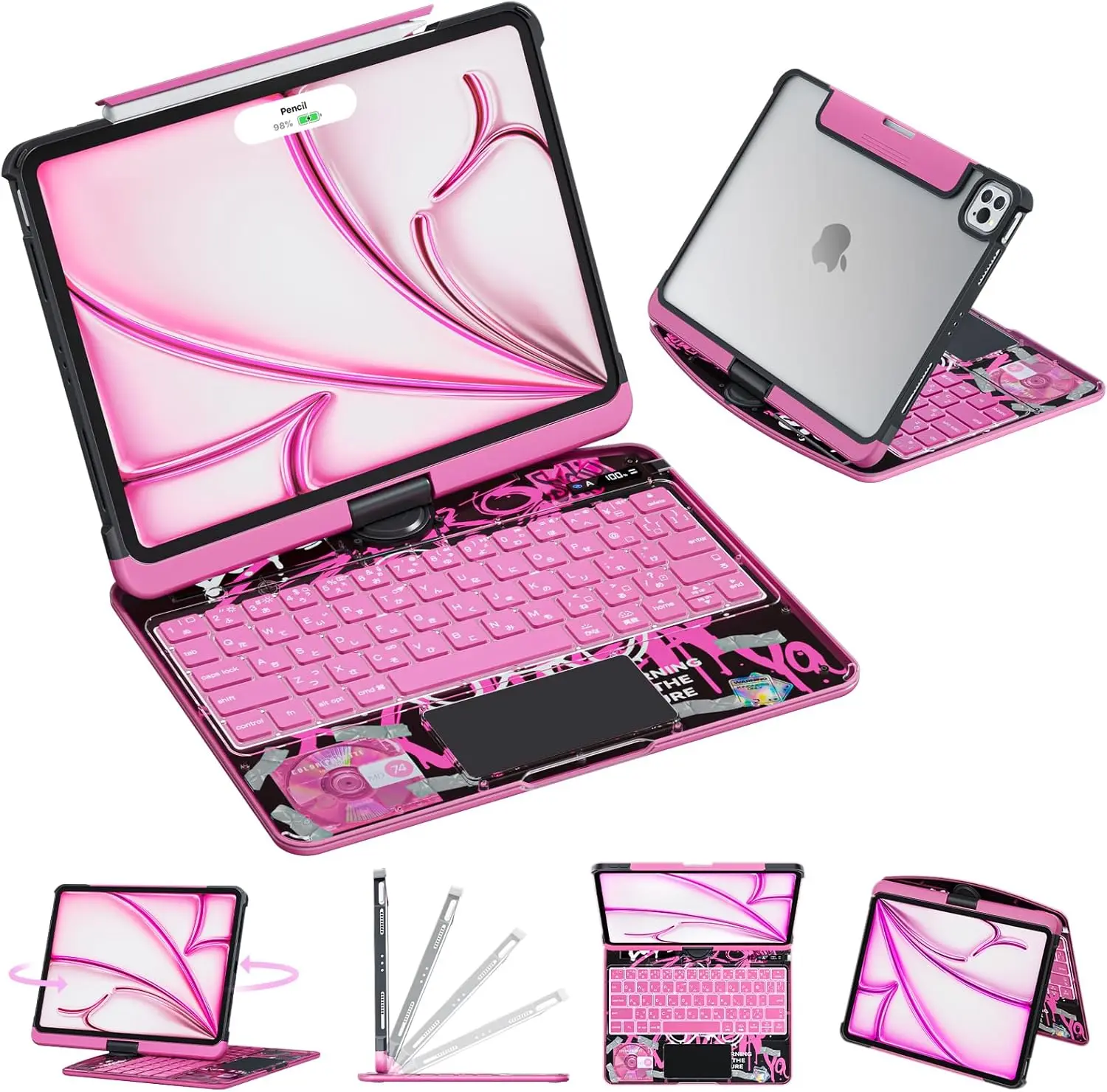 8.3 inch iPad Mini/10.2inch iPadCase with Keyboard, 360° Rotating Design, 7-Color Backlit Keys, USB Rechargeable and Detachable Drawer Pencil Holder